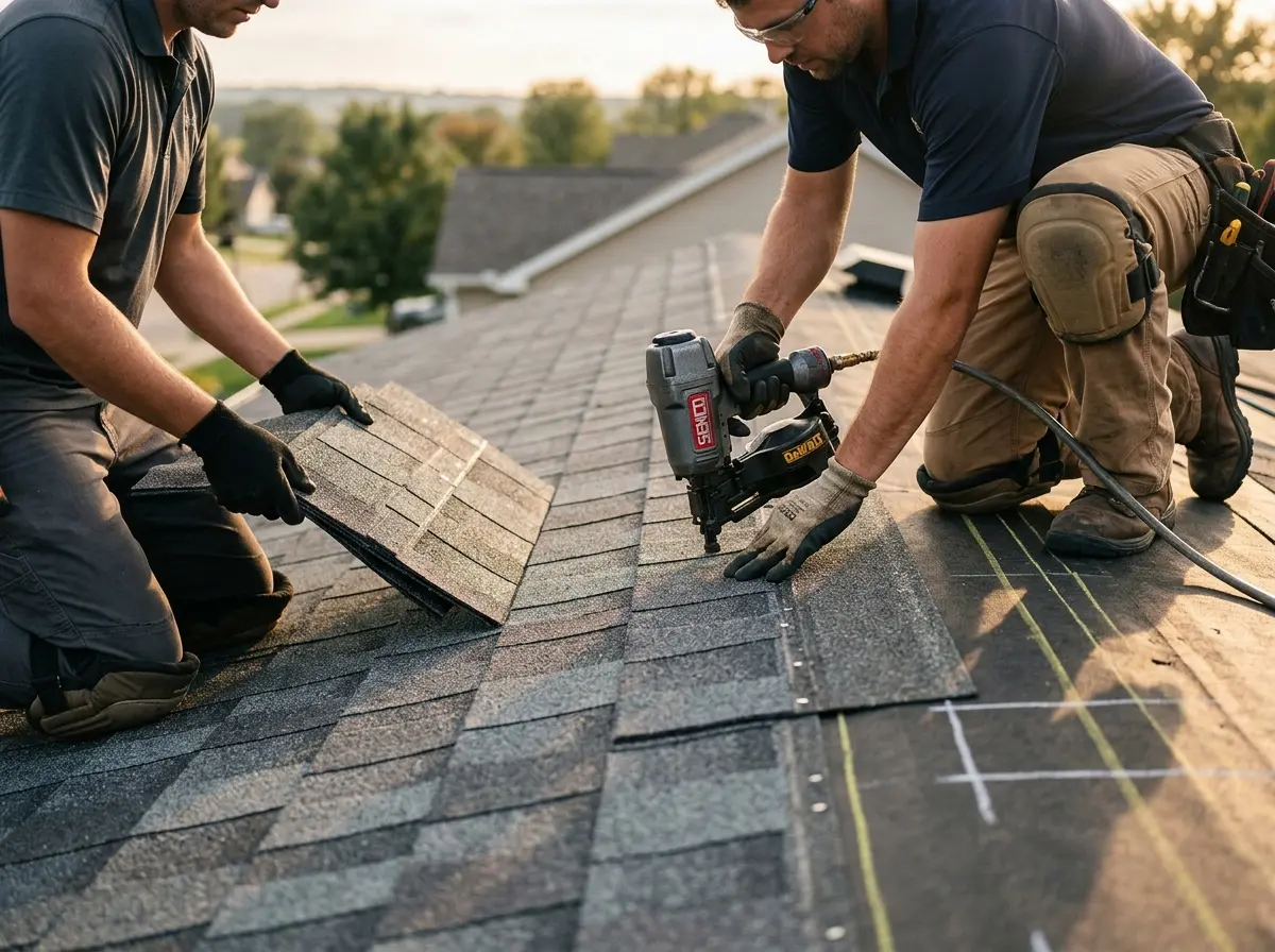Professional roofer working on a residential roof in Holly Springs